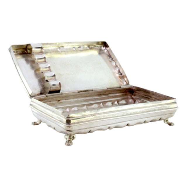 Silver Snuffbox with Cigarette Holders, Guilloche Engravings, Monogram Card and Claw-Shaped Feet For Sale