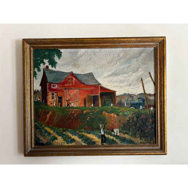 Antique oil painting on linen of a farm or plantation. Features a red barn and an old truck with many farm workers. Circa...