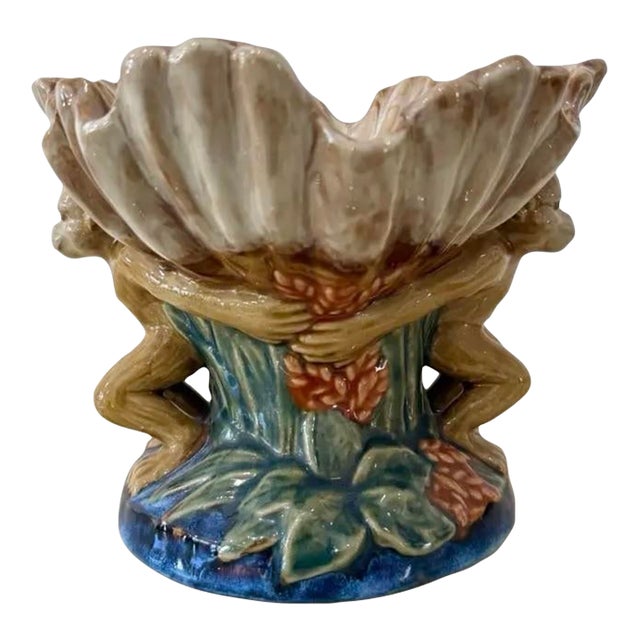 Vintage Boho Majolica Monkey Shell Bowl For Sale