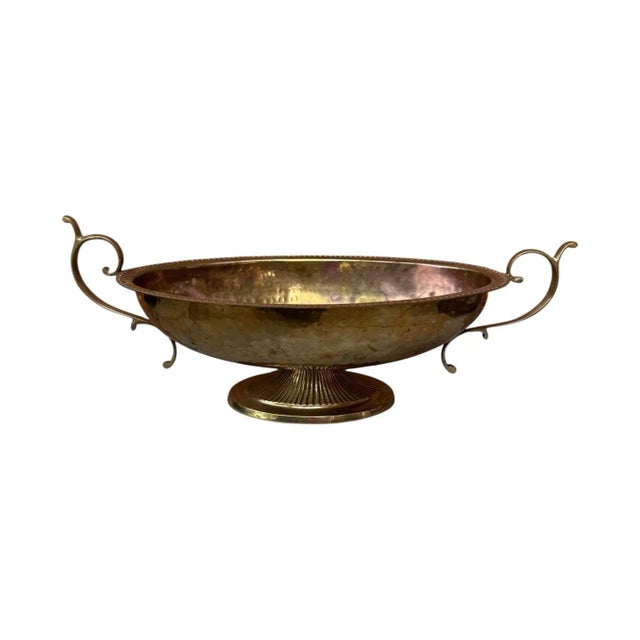 Rustic European Vintage Hammered Brass Double Handled Pedestal Centerpiece Bowl - 17” For Sale - Image 3 of 8