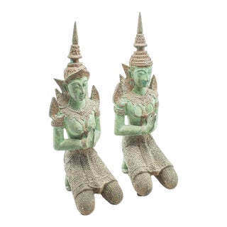 Pair of Vintage Decorative Prayer Figures, Bronze Thai Deity, Bookends, Art Deco For Sale