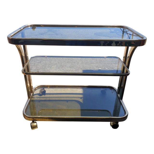 Vintage Italian Brass and Smoked Glass Bar Cart, 1970s, 1960s For Sale