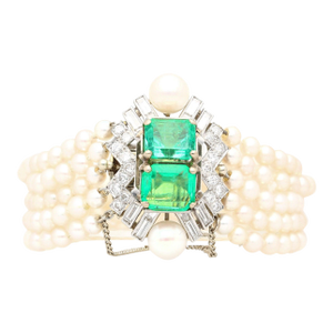 Mid 20th Century Art Deco Platinum 5-Row Pearl Bracelet With 8 CTW in Emeralds and Diamonds