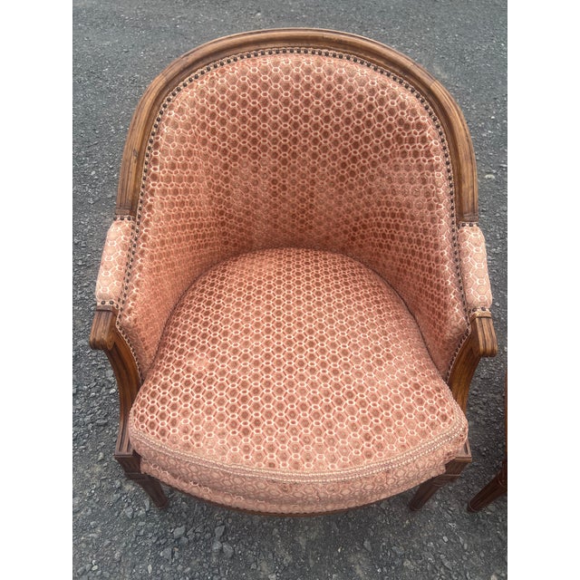 French Pair Vintage Michael Taylor Designs French Louis XVI Style Barrel Back Armchairs For Sale - Image 3 of 14
