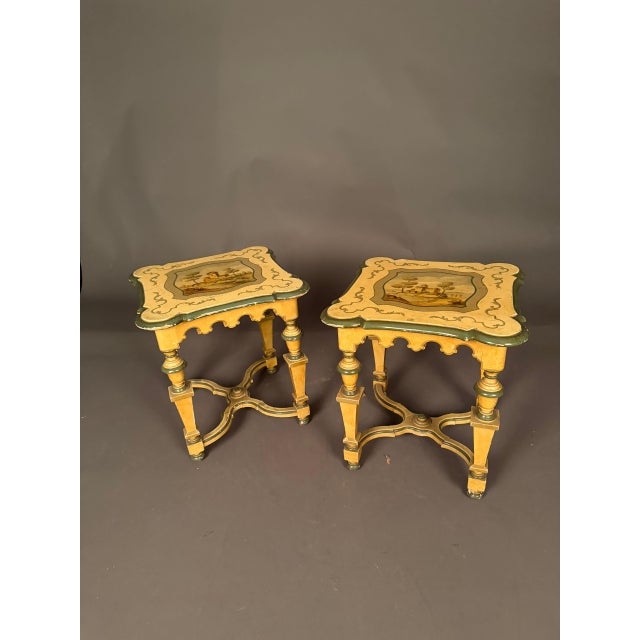 French Country Pair of French Louis XVI Style Polychrome Side Tables With Painted Country Manor Tops, Circa 1920 For Sale - Image 3 of 12