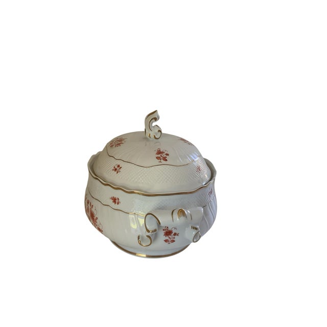 Vintage Hollóháza Hungary Porcelain Covered Soup Tureen - Hand Painted Rust Orange Floral &amp; Gold Trim (Pattern SC / B)...
