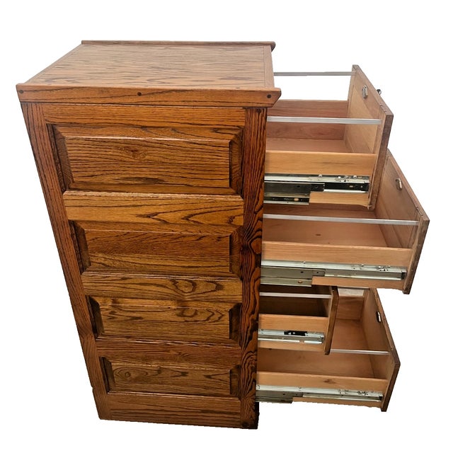 1980s Vintage Dark Tiger Oak File Cabinet Four Locking Drawers, Paneled Sides Legal For Sale - Image 5 of 11