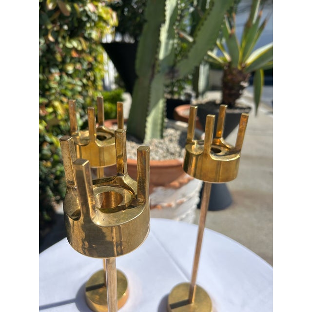 Vintage Mid-Century Brass Candlestick Trio For Sale In Los Angeles - Image 6 of 15