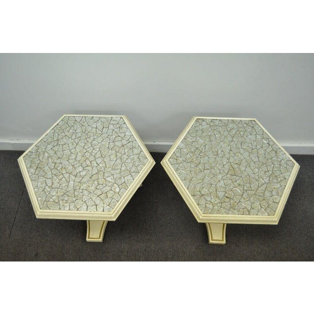 Hollywood Regency Mid 20th Century Hollywood Regency Mosaic Glass Tile Top Low Pedestal Side Tables - a Pair For Sale - Image 3 of 9