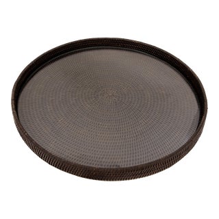 Artifacts Rattan Round Serving/Ottoman Tray with Glass Insert in Tudor Black - 19" For Sale