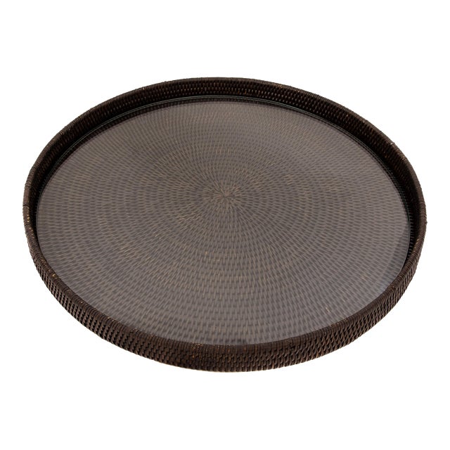 Artifacts Rattan Round Serving/Ottoman Tray with Glass Insert in Tudor Black - 19" For Sale