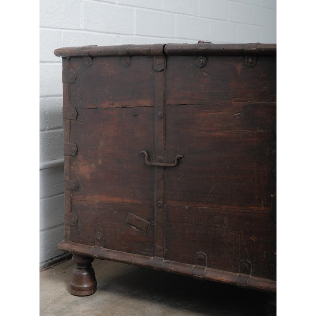 Coffee Vintage Indian Iron-Bound Wooden Chest on Turned Feet For Sale - Image 8 of 8