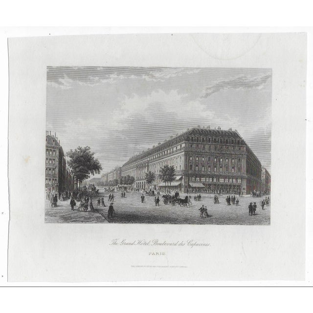 Antique 19th century engraving of the Grand Hotel on Boulevard des Capucines in Paris, France.