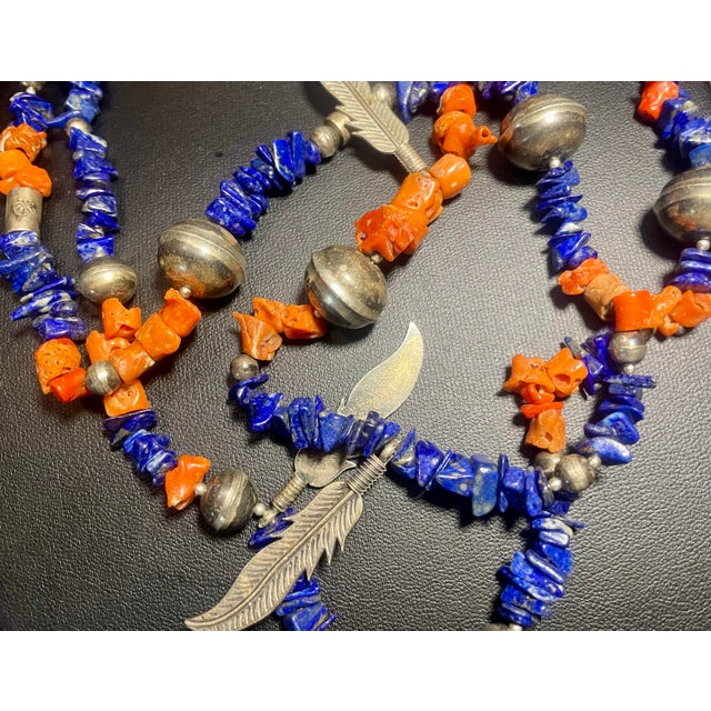 Vintage Navajo Native American Style, Lapis and Coral Shell Necklace, Sterling Silver Hollowed Body ‘Navajo Pearls’ and Silver Feathered Accents. For Sale In South Bend - Image 6 of 7