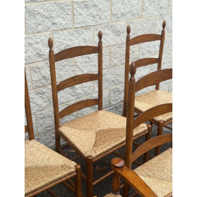 Mid 20th Century Set of 6 Rustic Style Beech Ladder Back Dining Chairs With Rush Seats For Sale - Image 9 of 11
