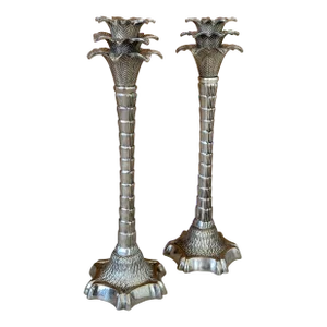 Pair Vintage Coastal Regency Silver Plated Palm Tree Candle Holders by John Richard