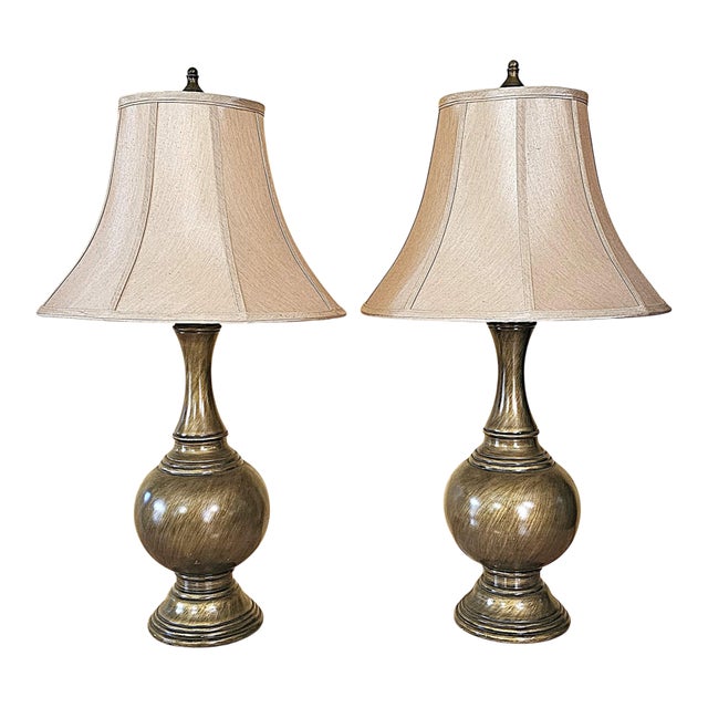 Vintage Bronze Urn Table Lamps With Neutral Shades, Classic Traditional Lighting, 32” Tall - a Pair For Sale