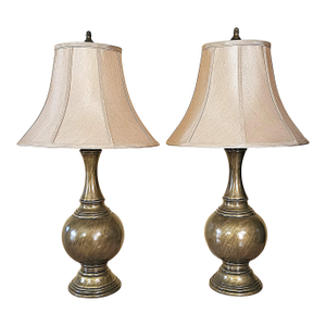 Vintage Bronze Urn Table Lamps With Neutral Shades, Classic Traditional Lighting, 32” Tall - a Pair