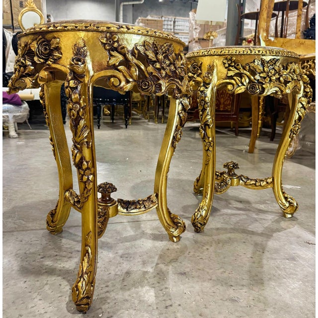 Stone French-Style Gilded Side Table Set of 2 – Beige Marble Top With Gold Leaf Floral Details For Sale - Image 7 of 8