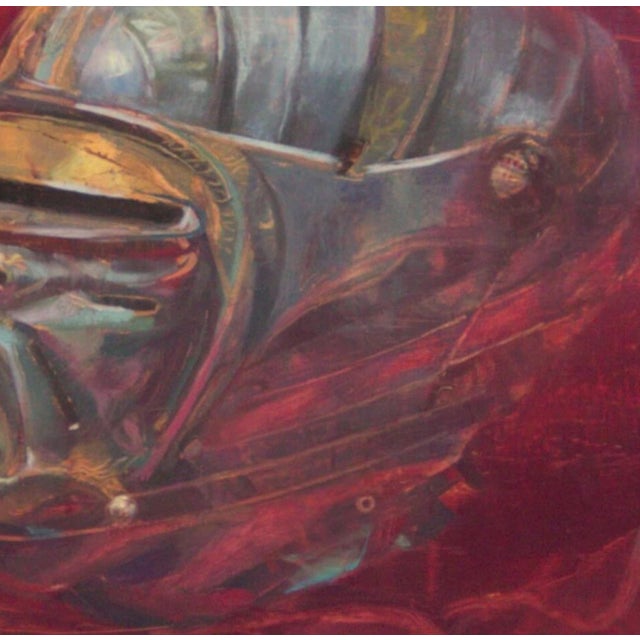 Transfiguration by Elena Burykina | Oil on panel Still life of a metallic helmet on a red background For Sale - Image 4 of 5
