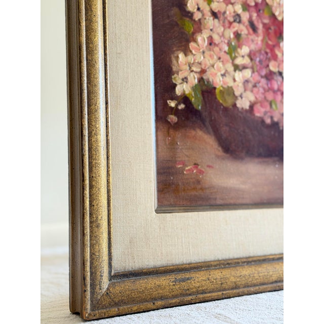 Original Vintage Floral Oil Painting, Impasto Pink Blossoms Still Life, Gilt Frame, Mid Century Art For Sale - Image 4 of 11