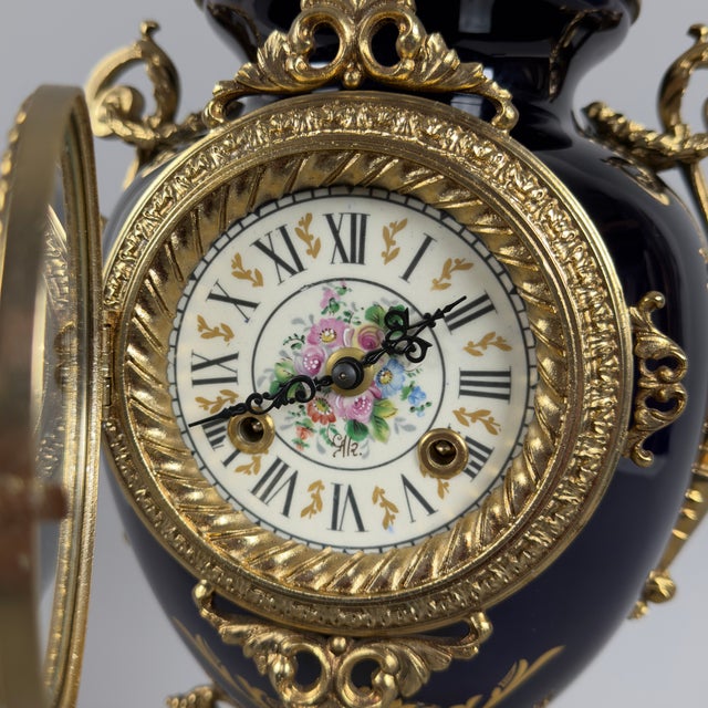 Metal Antique French Table Clock in Blue Porcelain and Brass from Limoges For Sale - Image 7 of 14