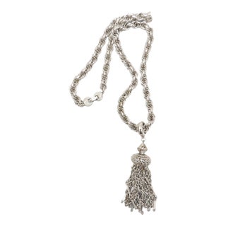 Vintage Signed Monet "Damita" Book Piece Rhodium Plated Tassel Necklace For Sale