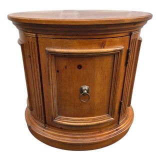 Vintage Ethan Allen Tuscan Knotty Pine Drum End Table Side Cabinet Lion Head Pull For Sale