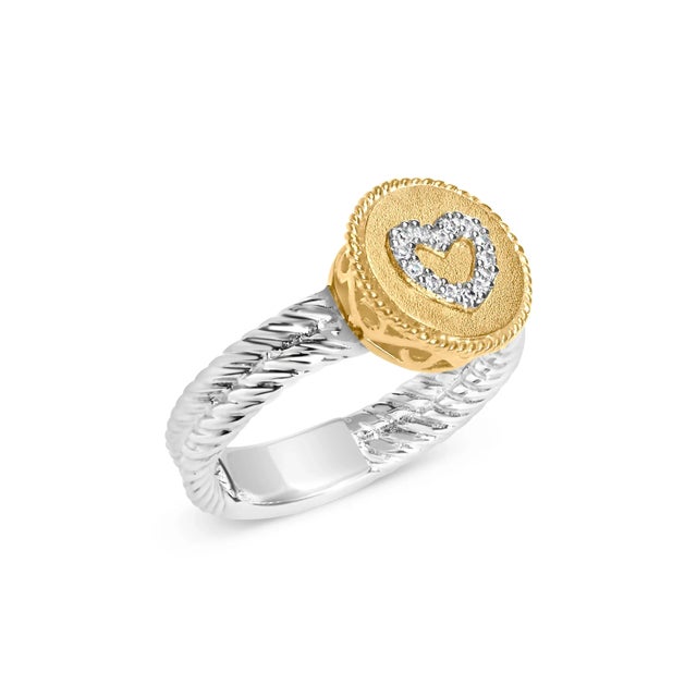 Contemporary 18K Yellow Gold Plated .925 Sterling Silver Diamond Heart Ring with Satin Finish (I-J Color, SI1-SI2 Clarity) - Ring Size 7 For Sale - Image 3 of 7