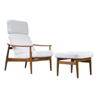 Set of Mid-Century Danish Lounge Chair And Ottoman in Teak and Wool Boucle by Arne Vodder for France & Søn, 1960s For Sale