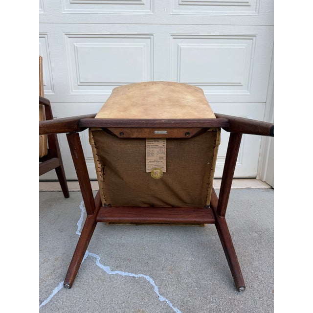 Walnut Armchairs - Jens Risom Design - Original Naugahyde, Labeled, 1960s For Sale - Image 12 of 15