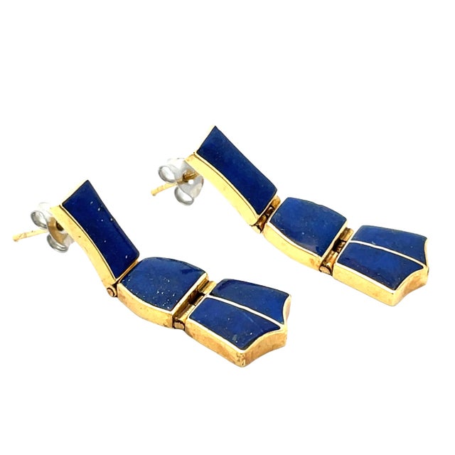 Modern 18k Yellow Gold Lapis Lazuli Drop Earrings, A Pair For Sale - Image 3 of 5