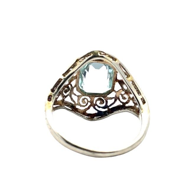 Modern 18k Solid White Gold Aquamarine & Old Mine Cut Diamond Antique Filigree Ring, Size 4.25 For Sale - Image 3 of 8