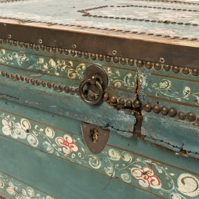 Early 19th Century Chinese Decorated Blue Leather Covered Wood Trunk For Sale - Image 4 of 8