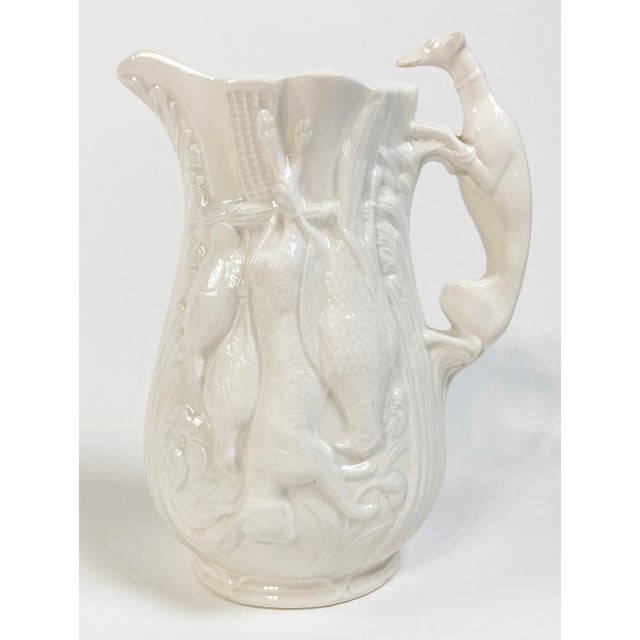 Vintage Ivory Majolica Style Porcelain Fox Hunt Pitcher For Sale - Image 4 of 10