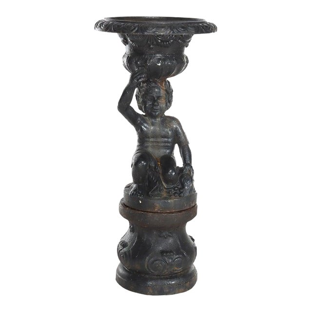 Antique Neoclassical Cast Iron Figural Cherub Garden Urn C1890 For Sale