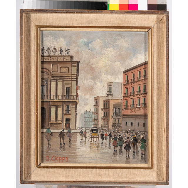 B. Ciappa, Animated European City Square with Carriage and Figures, Oil on Panel For Sale - Image 14 of 15
