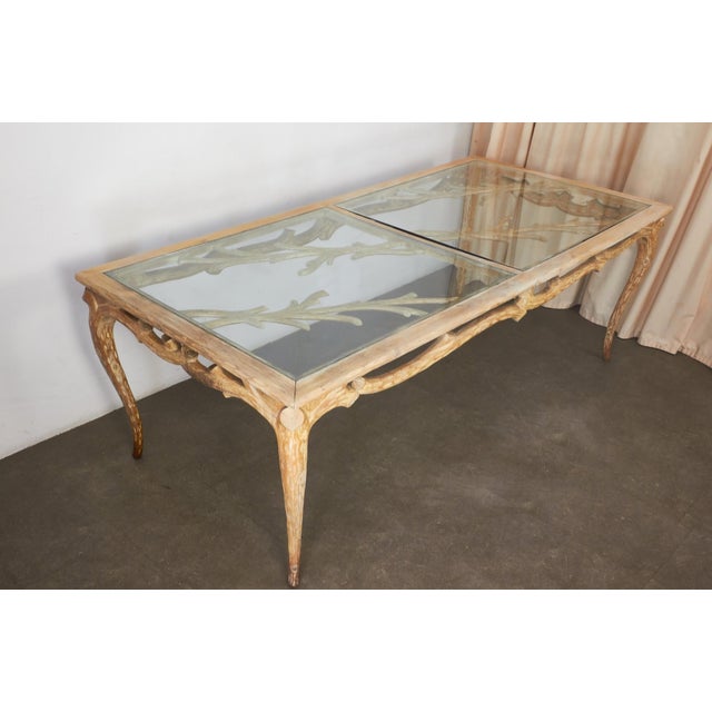 Vintage Wooden Dining Table with Brutalist Glass Top, 1970s, in Very Good conditions. Designed 1970 to 1979