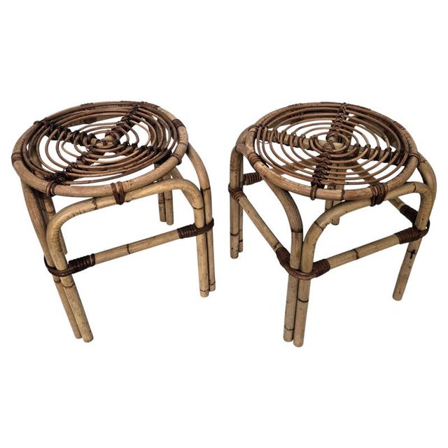 Gold Bohemian French Riviera Italian Bamboo Rattan Stool, 1960s, Set of 2 For Sale - Image 8 of 8