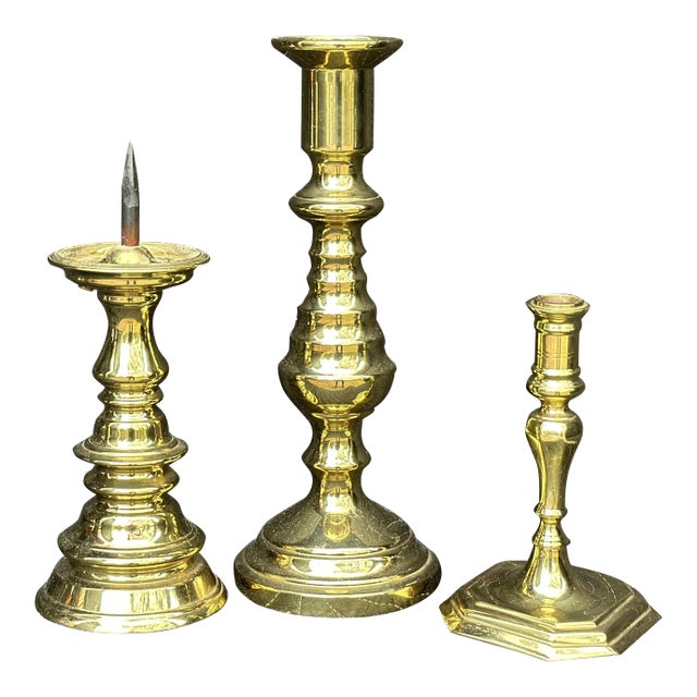 Grouping of Virginia Metalcrafters Large Solid Brass Candle Holders - Set 3 For Sale