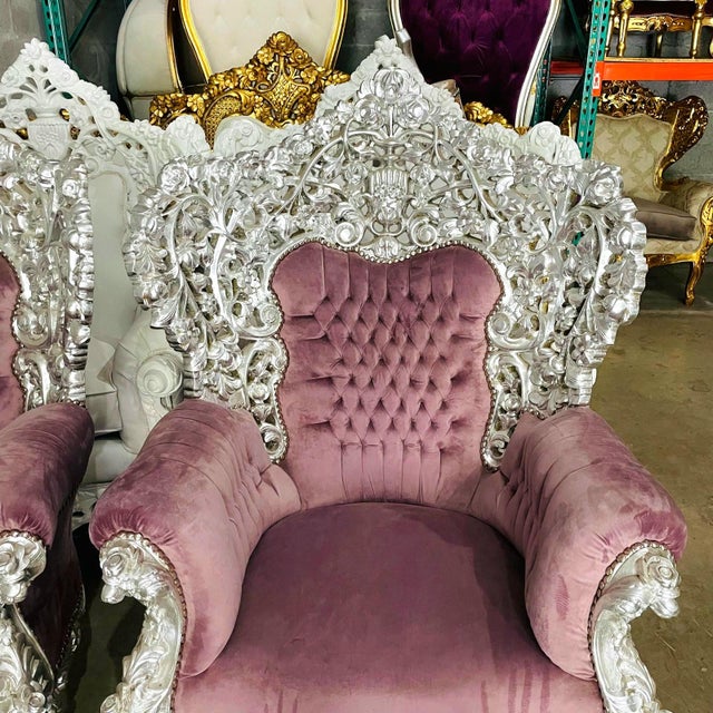 Rococo Style Throne Chair Set of 2 – Purple Mauve Velvet With Silver Leaf Hand-Carved Frame For Sale In Miami - Image 6 of 6