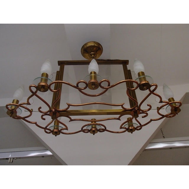 Large Art Deco Brass, Copper & Bricked Glass 8-Flame Ceiling Lamp, 1940s For Sale - Image 9 of 9