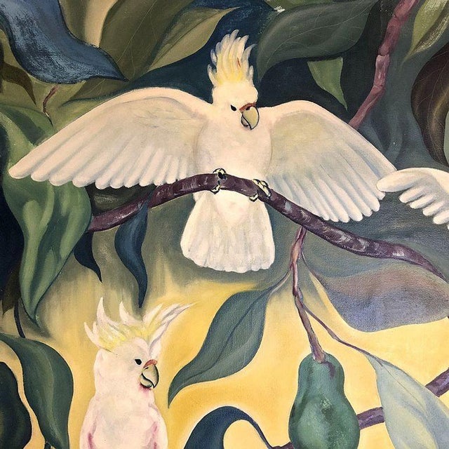 1940s Hawaiian Cockatoos in Tree Acrylic on Canvas Tropical Paining by Alfonso Castricone For Sale - Image 4 of 6