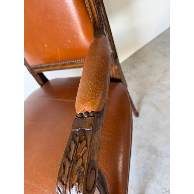 Vintage French Louis XVI Style Carved Wood & Brown Leather Armchair For Sale - Image 9 of 12