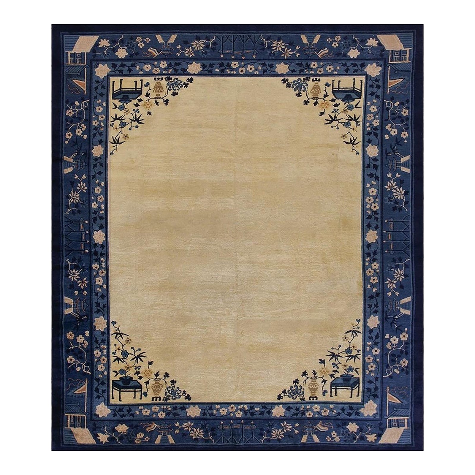 1920s Antique Chinese Minimalist Light Cream Vase Open Field Peking Rug ...