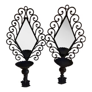 Pair of Black Mirror Wall Candle Sconces For Sale