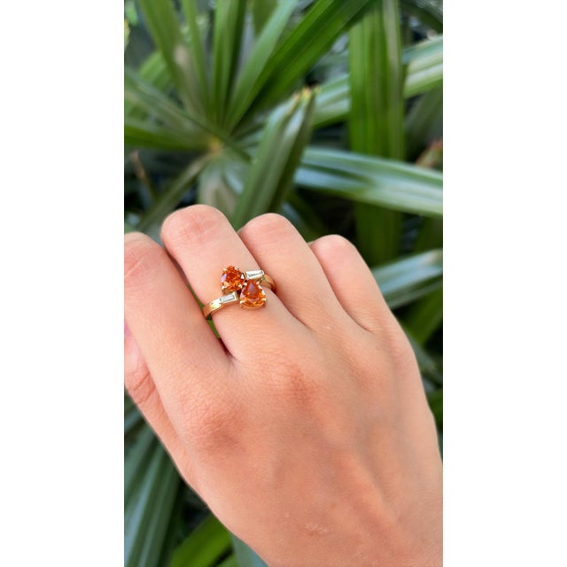 Set in 18k Gold, Orange Sapphire & Tapered Baguette Diamond Engagement Ring, Size 6 For Sale - Image 6 of 10