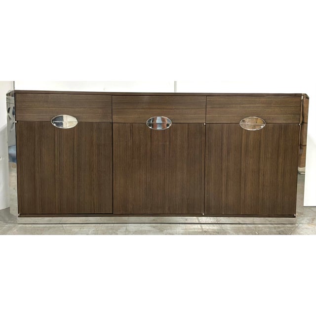 Original retail $10,362, stylish Jonathan Charles Modern Art Deco Gatsby Sideboard, dark walnut finished wood case,...