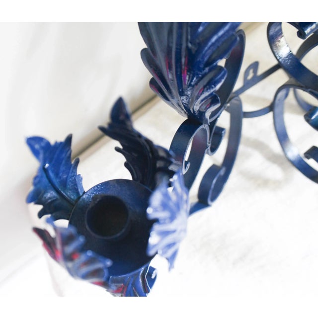 Metal 1960s Vintage Outdoor Porch Bretaine Navy Blue Reticulated Candelabra Candle Sconce For Sale - Image 7 of 11