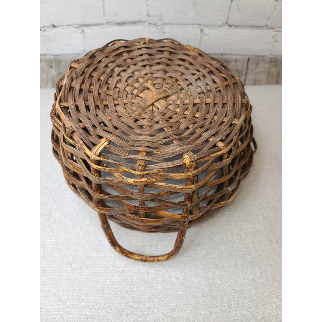 Wood Vintage Rattan Split Cane Double Handled Basket Hand Made For Sale - Image 7 of 9